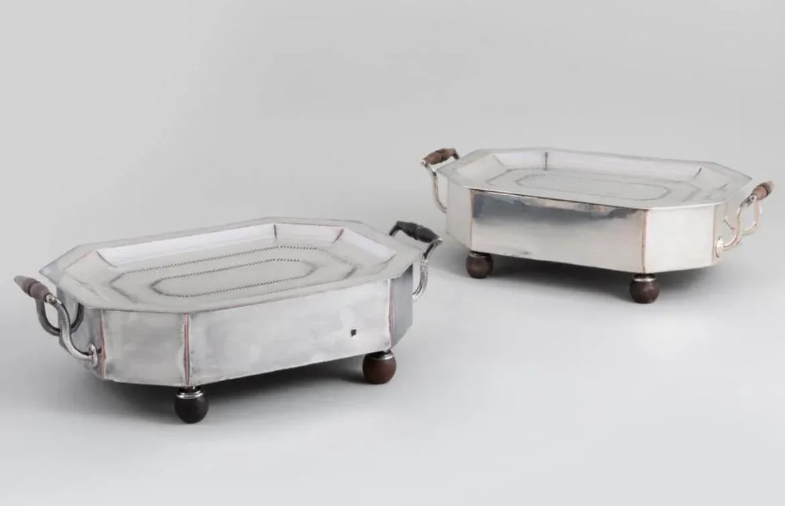 Pair of Silver Plate Food and Platter Warmers With Wood Handles European - 13