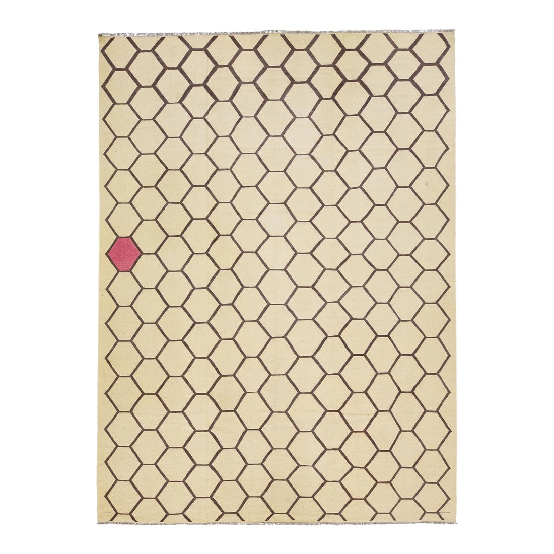 2020s Contemporary Beige Turkish Kilim Wool Rug With Geometric Design: This contemporary Kilim rug has been expertly hand-knotted with a captivating beige field design complemented by subtle hints of brown and pink within the geometric pattern. This rug measures 10'4"