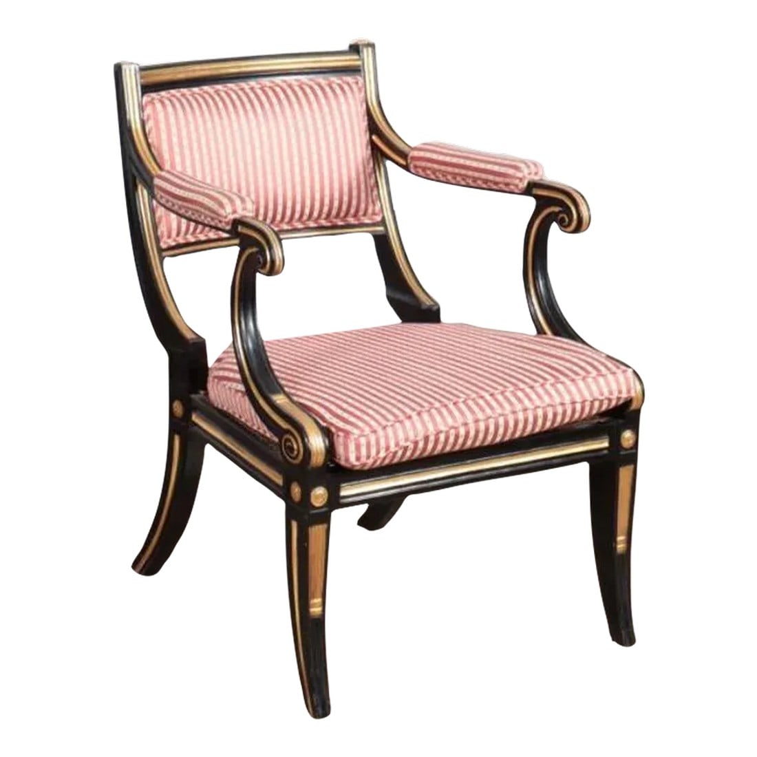 Antique Regency or Empire Style French Armchair in Black and Gold With Red Stripped Fabric: A striking and stylish piece. Cane and upholstered arch chair with black and gold paint Condition: Alterations: Original Condition Unaltered Imperfections: Some Imperfections Condition Notes: Some wea