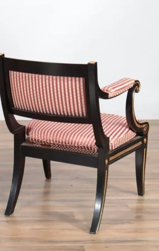 Antique Regency or Empire Style French Armchair in Black and Gold With Red Stripped Fabric - 2