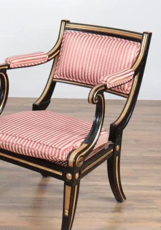 Antique Regency or Empire Style French Armchair in Black and Gold With Red Stripped Fabric - 3