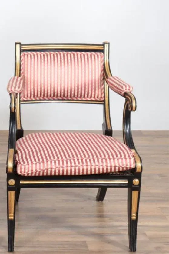 Antique Regency or Empire Style French Armchair in Black and Gold With Red Stripped Fabric - 4
