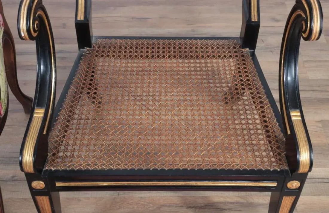 Antique Regency or Empire Style French Armchair in Black and Gold With Red Stripped Fabric - 5