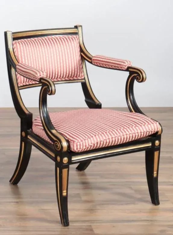 Antique Regency or Empire Style French Armchair in Black and Gold With Red Stripped Fabric - 7