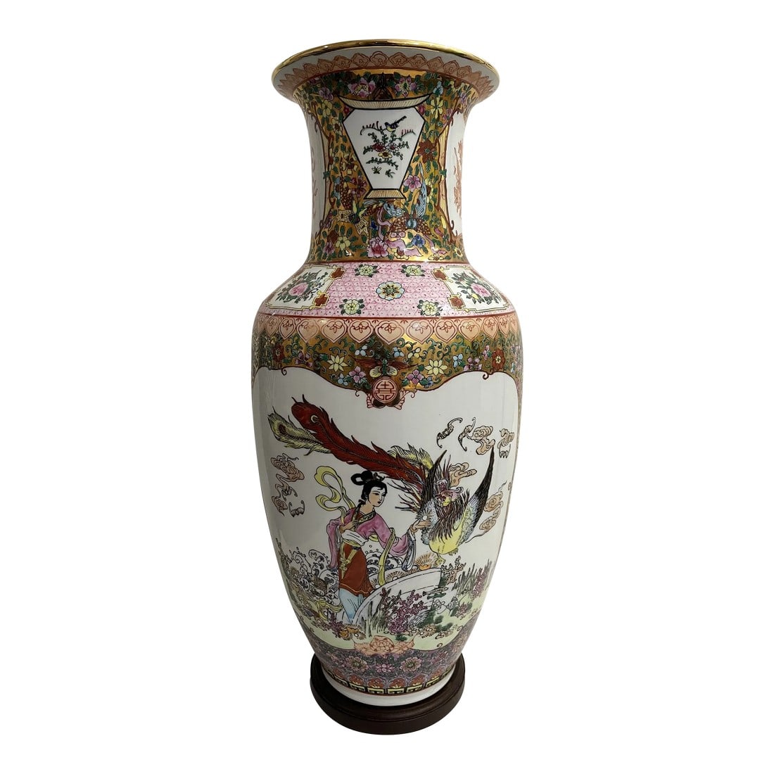 1950's Chinoiserie Famille Rose Phoenix Baluster Vase With Stand: This large vase ( 16.5" h ) has everything for your chinoiserie collection. Famille Rose pastel colors, Phoenix birds, a garden scene, and Greek key trim at the bottom"¦ and we've included a