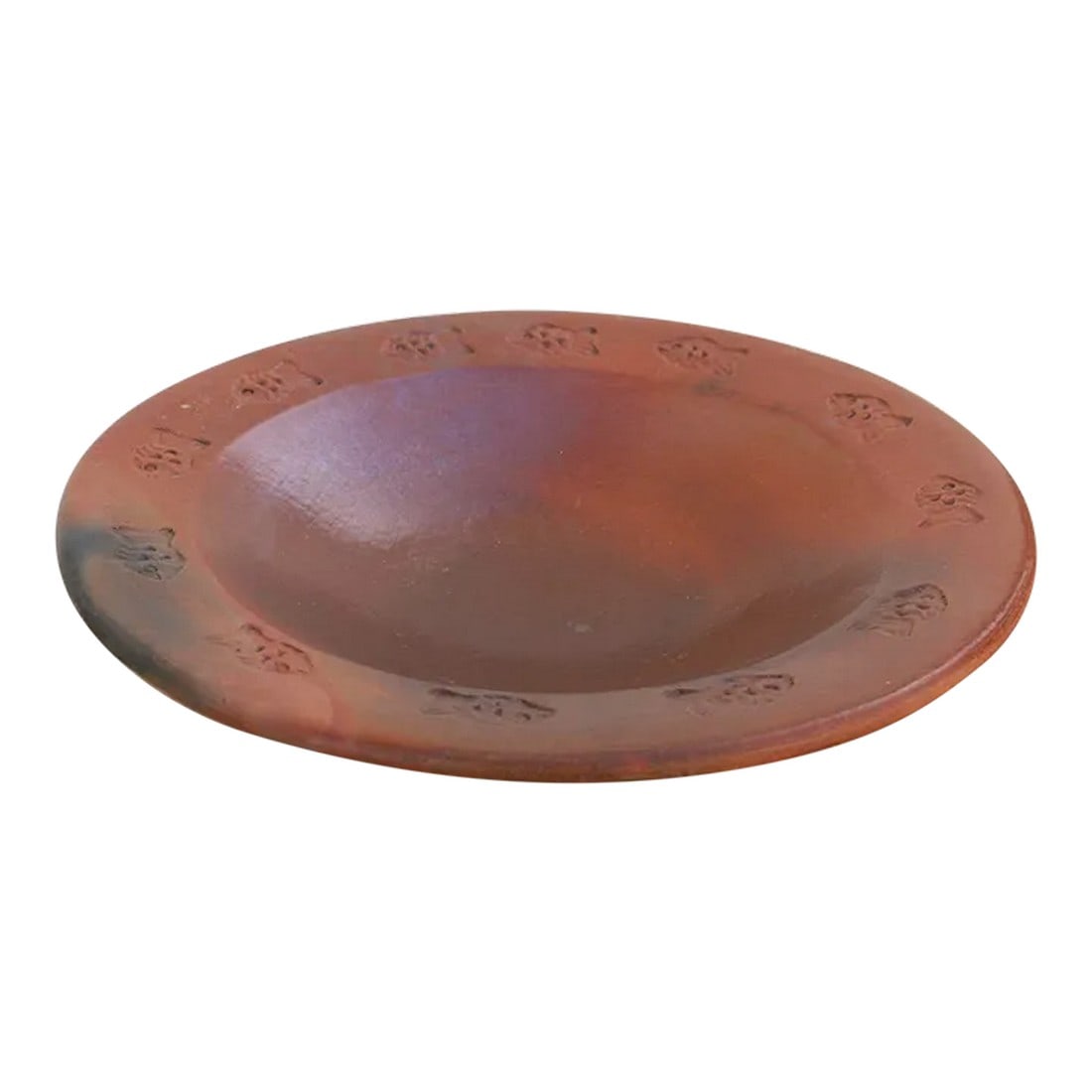 Vintage French Terracotta Platter: This gorgeous large terracota bowl was used the South West of France to prepare meals. It is constructed from hand thrown terra-cotta with a decorative fish motif engraving around the interior rim wit