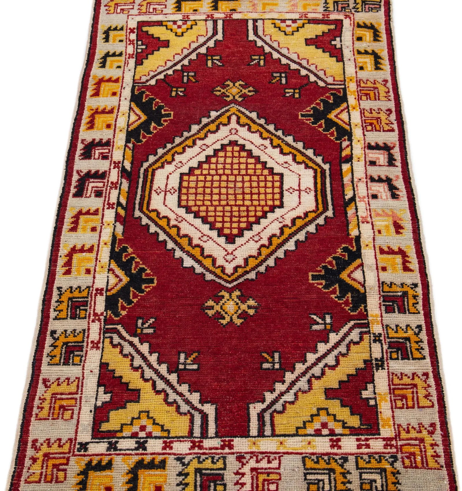 1960s Vintage Turkish Anatolian Handmade Red Geometric Wool Rug - 3
