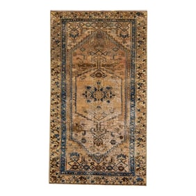 1960s Vintage Persian Distressed Handmade Geometric Tan Wool Rug