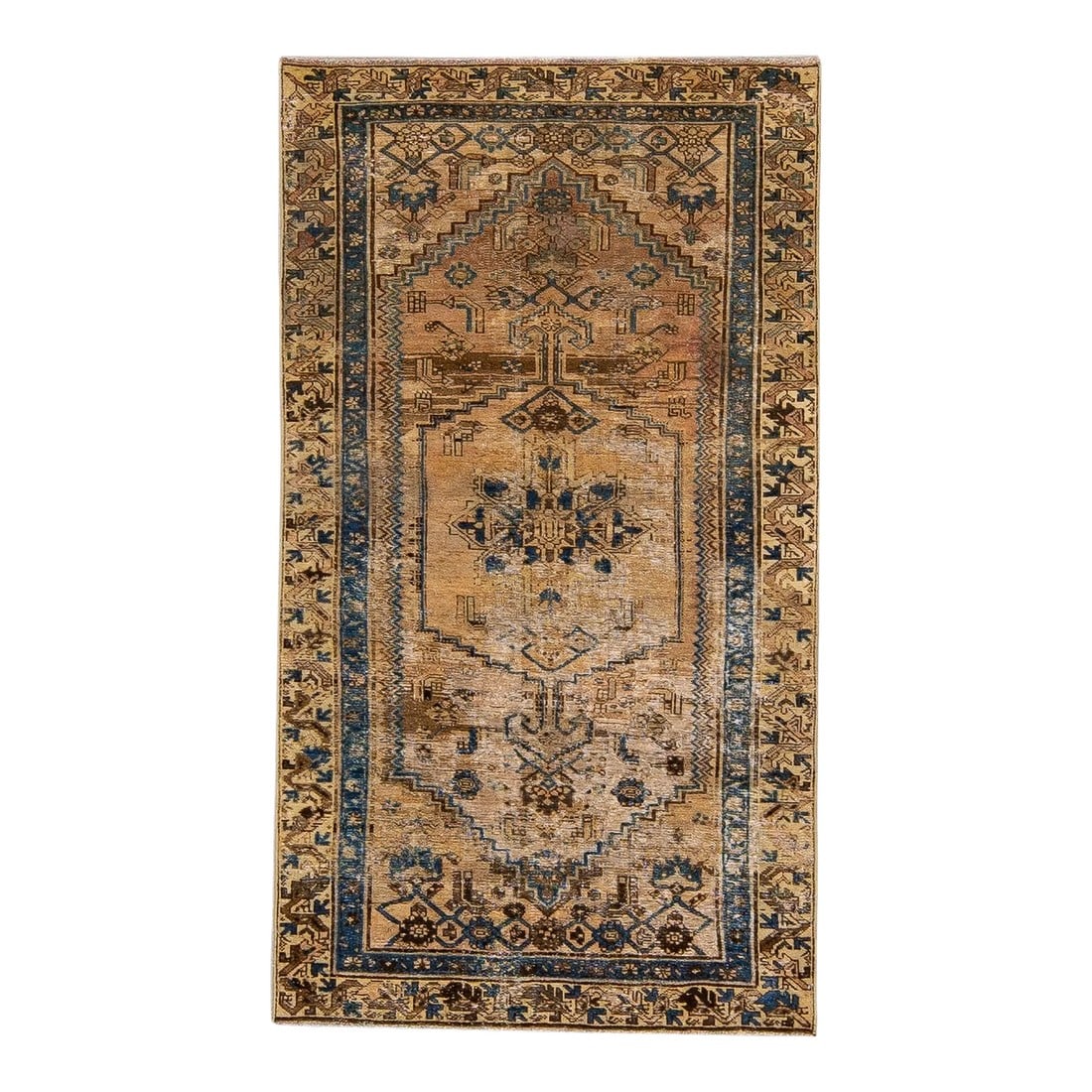 1960s Vintage Persian Distressed Handmade Geometric Tan Wool Rug: Beautiful vintage Persian distressed hand-knotted wool rug with a tan color field. This piece has navy blue and brown accents in an all-over geometric design. This rug measures: 3'9" x 6'9". 