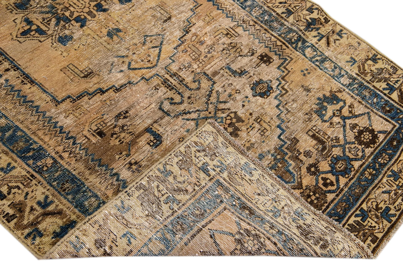 1960s Vintage Persian Distressed Handmade Geometric Tan Wool Rug - 2