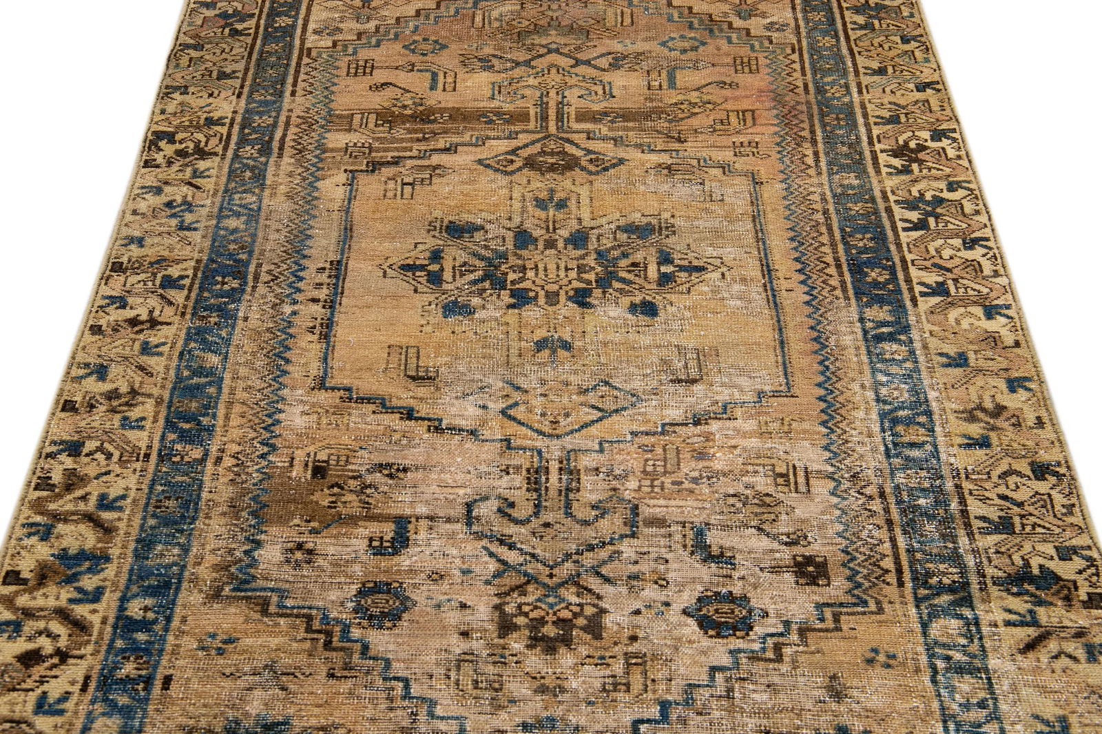 1960s Vintage Persian Distressed Handmade Geometric Tan Wool Rug - 3