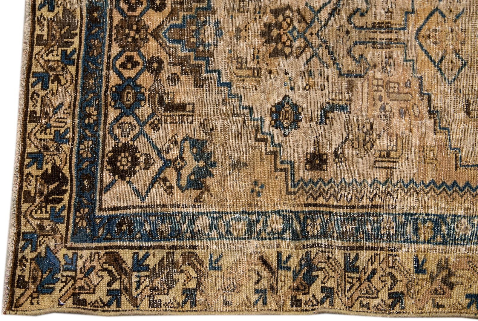 1960s Vintage Persian Distressed Handmade Geometric Tan Wool Rug - 4