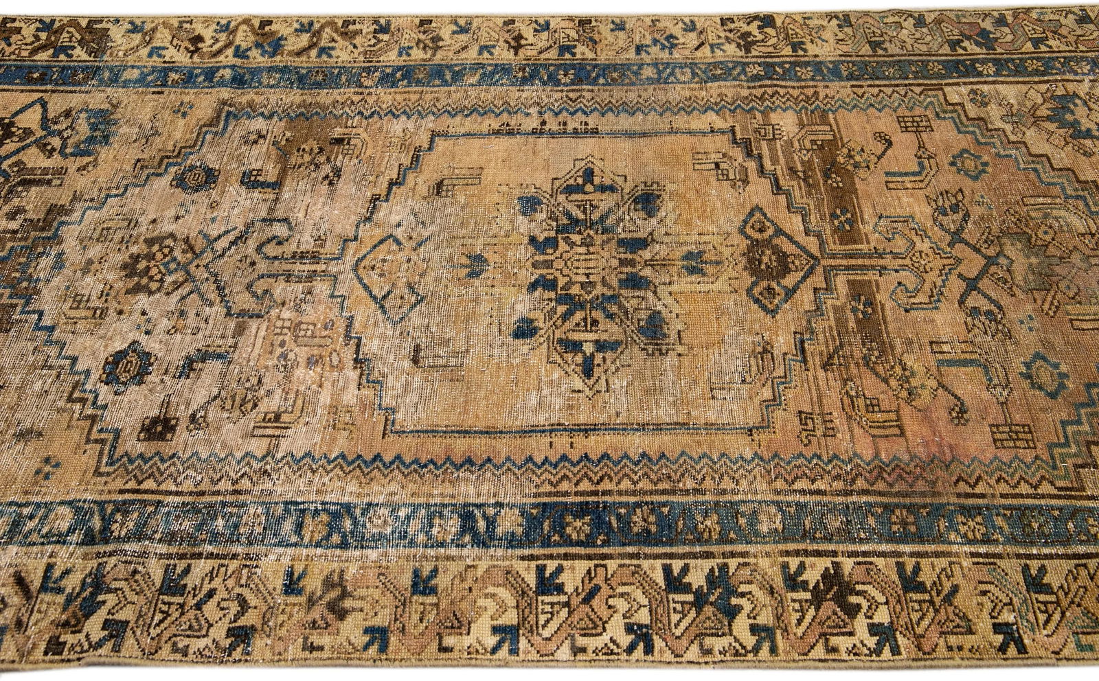 1960s Vintage Persian Distressed Handmade Geometric Tan Wool Rug - 5