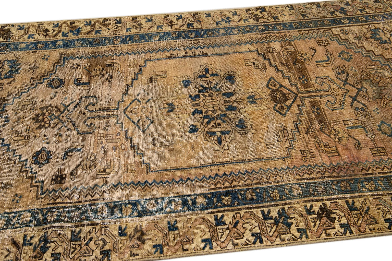 1960s Vintage Persian Distressed Handmade Geometric Tan Wool Rug - 6