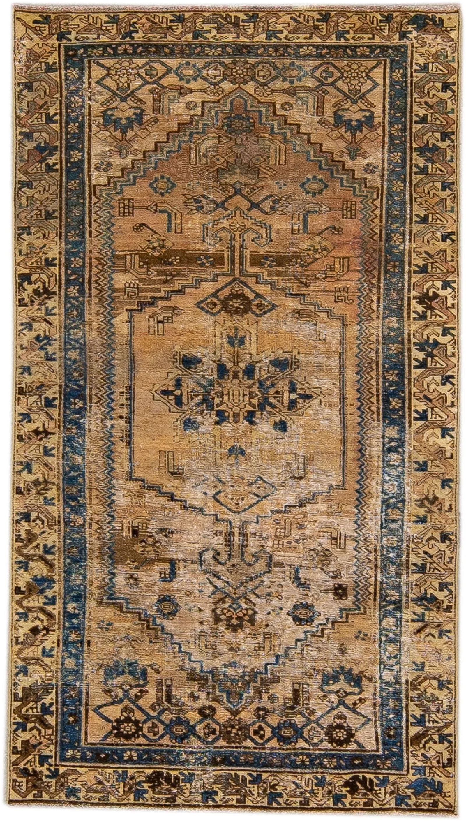 1960s Vintage Persian Distressed Handmade Geometric Tan Wool Rug - 7