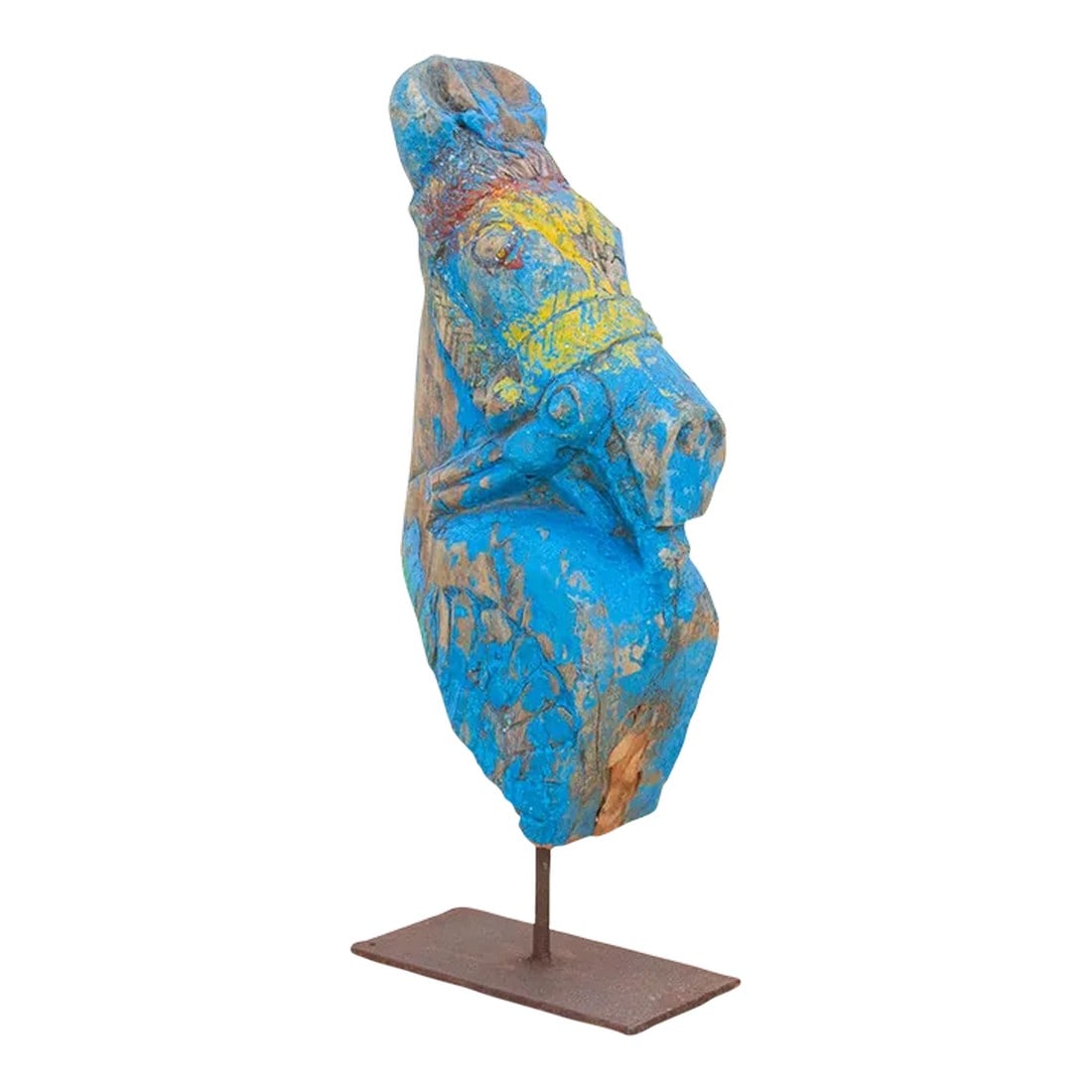 Antique Jodhpur Blue Horse Bust: Primitive architectural folk temple horse corbel. These were usually mounted on the temple doorways to ward off bad spirits. This corbel is hand-carved of dense forest wood, retains its original