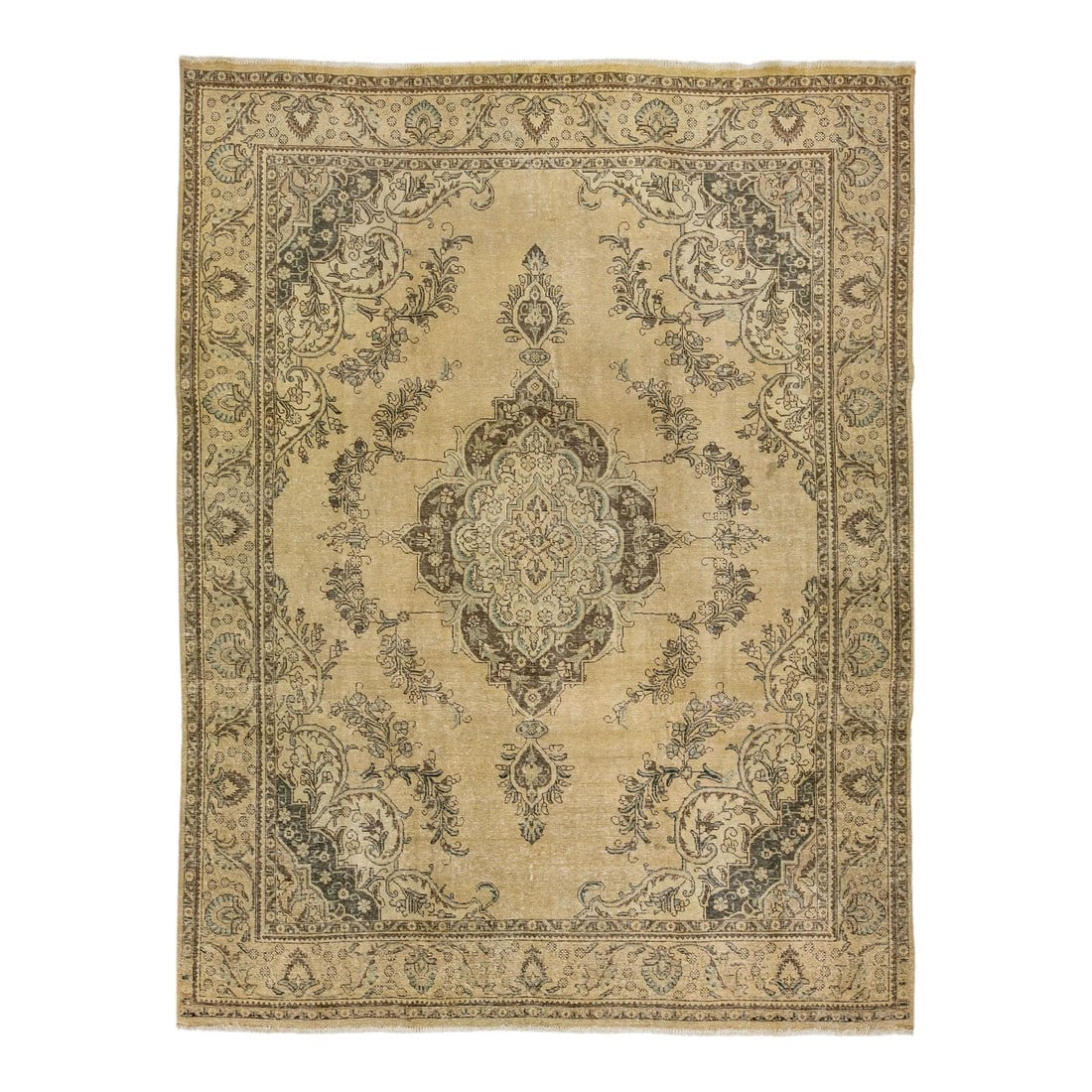 1960s Vintage Persian Tabriz Handmade Medallion Ivory Wool Rug 10 X 13: Beautiful antique Persian Tabriz hand-knotted wool rug with an ivory field. This piece has brown accents in an all-over floral medallion design. This rug measures: 9'10" x 12'7" Condition: