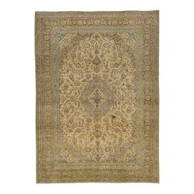 1960s Vintage Persian Tabriz Handmade Medallion Ivory Wool Rug 10 X 14