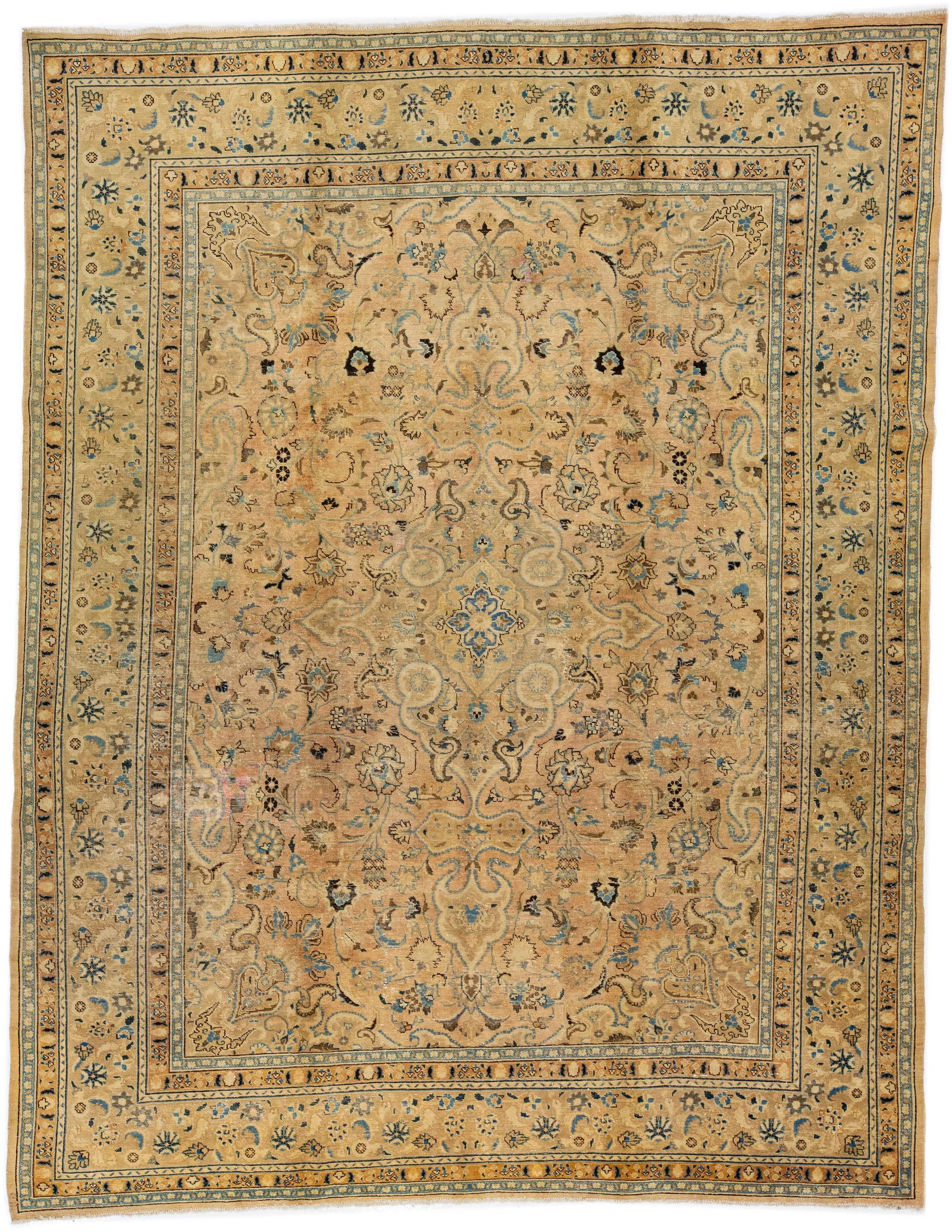 1960s Vintage Persian Tabriz Handmade Medallion Beige Wool Rug 10 X 12 - 7