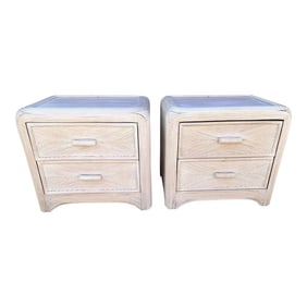 Coastal Whitewash Pencil Reed Rattan Nightstands-A Pair