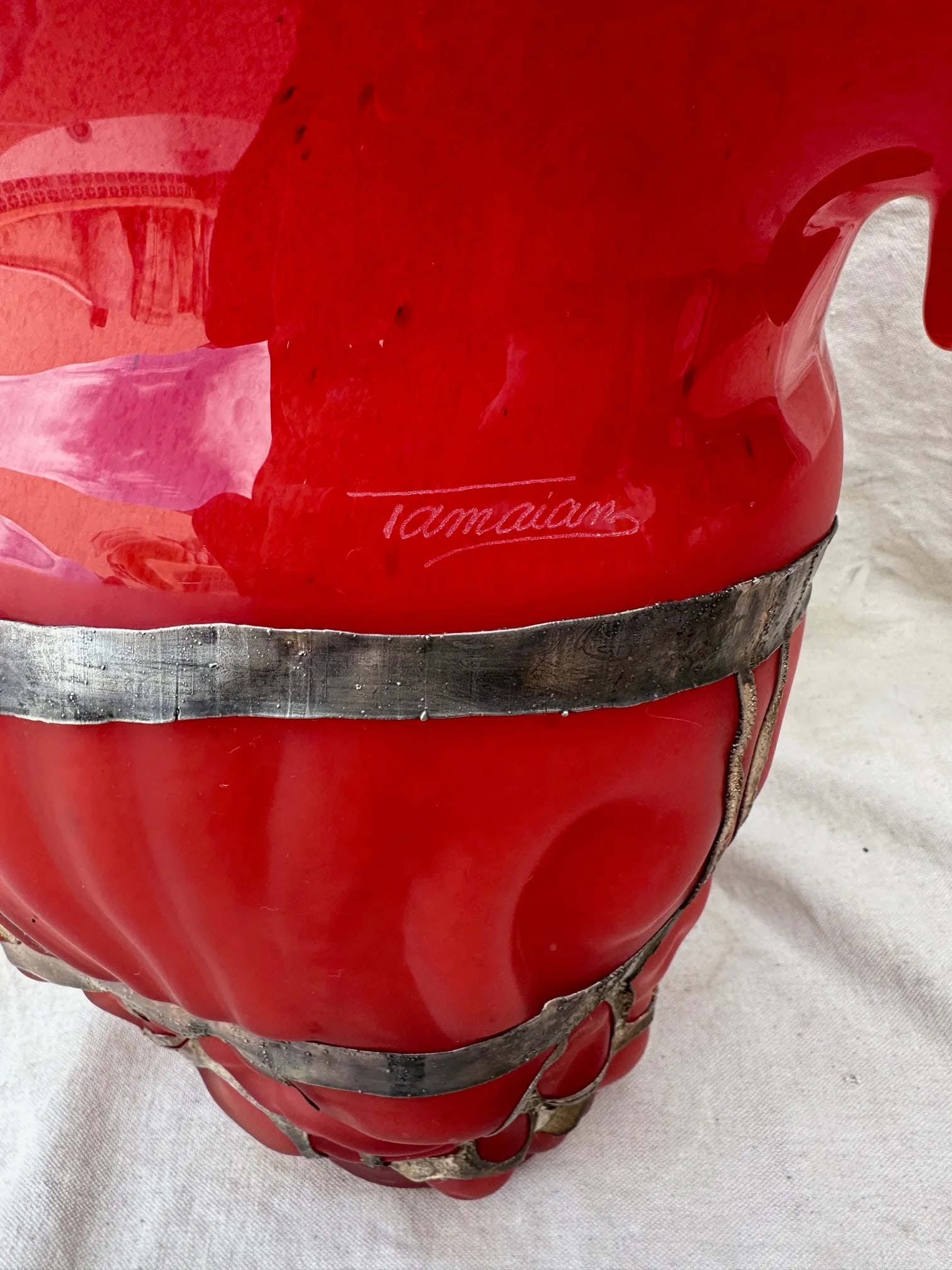 Vintage Ion Tamaian Large Red Blown Glass Vase, Signed - 12
