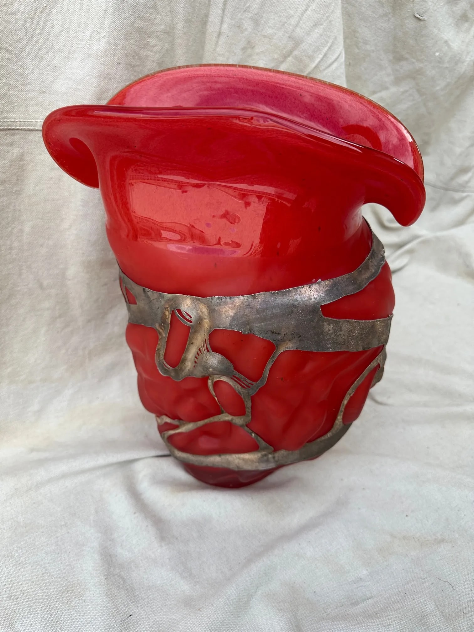 Vintage Ion Tamaian Large Red Blown Glass Vase, Signed - 2