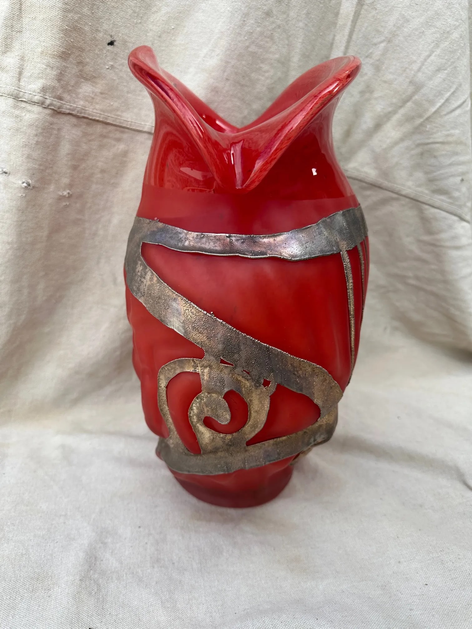 Vintage Ion Tamaian Large Red Blown Glass Vase, Signed - 3