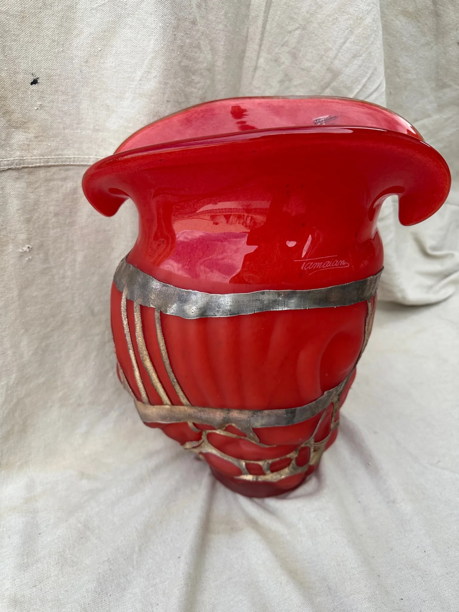 Vintage Ion Tamaian Large Red Blown Glass Vase, Signed - 9