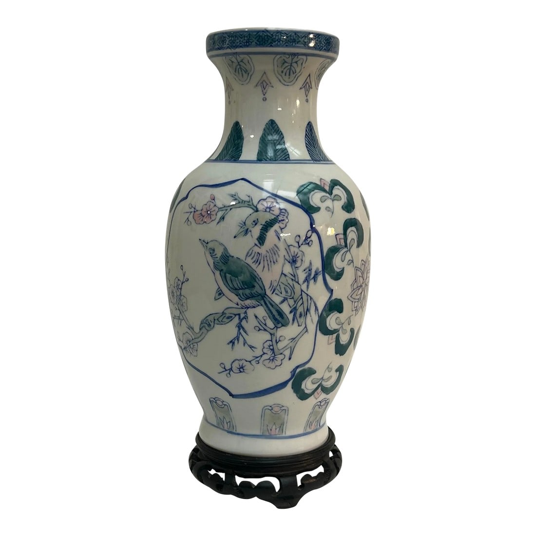 Vintage Pink and Blue Chinoiserie Porcelain Vase With Lovebirds: This Vintage Chinoiserie Pink and Blue Porcelain Vase is truly a unique and beautiful piece that will add a touch of elegance to any space. The delicate design features charming lovebirds amidst a