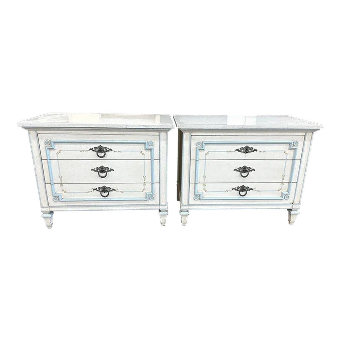Vintage John Widdicomb Marble Top French Louis Style Nightstands-A Pair: Beautiful Marble top John Widdicomb French Style Nightstands, handprinted cream and light blue with hints of gold trim throughout. Terrazzo style marble top with sparkles of silver. 25in h x 18.5in d
