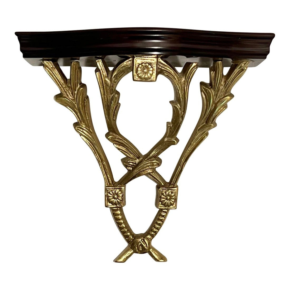 Vintage Chelsea House Style Polished Brass Laurel Leaves and Cherry Wood Display Wall Bracket: This vintage 1990's Chelsea House style wall bracket is a true gem for displaying your plates, art, and other cherished items. The polished brass finish adds a touch of elegance, while the cherry wood