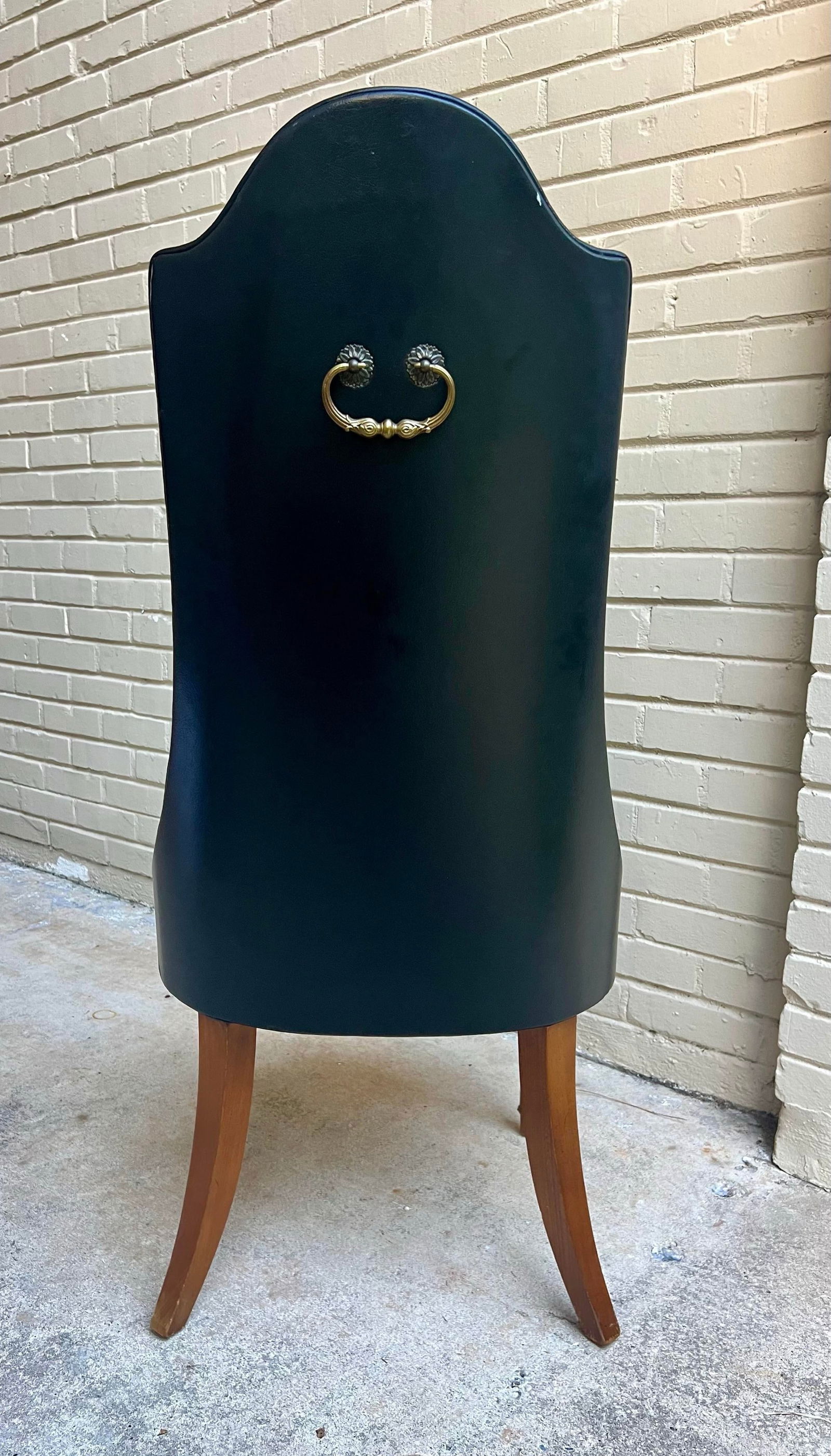 Chic Vintage Hollywood Regency Black Leather Side Chair With Brass Handle - 6