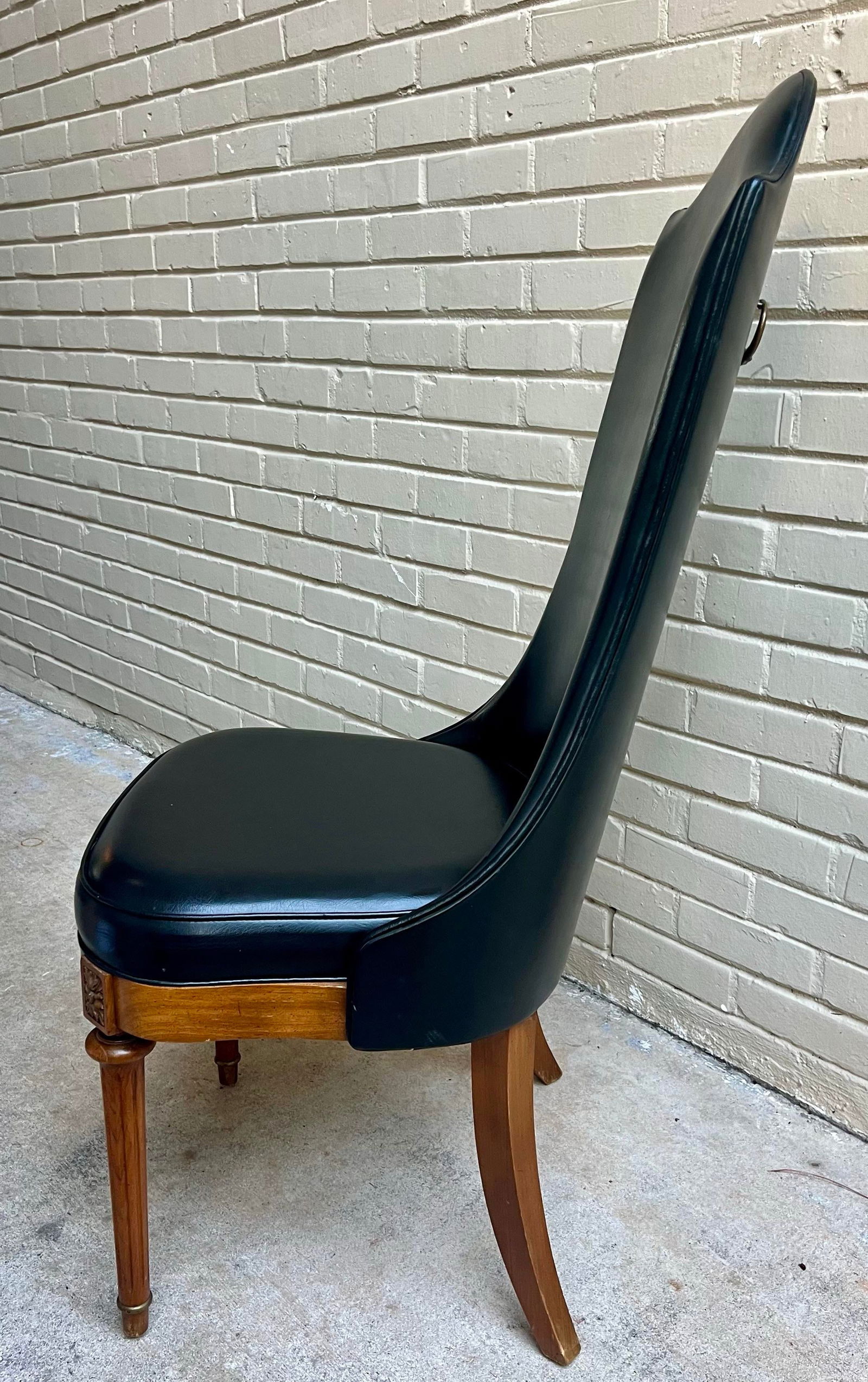 Chic Vintage Hollywood Regency Black Leather Side Chair With Brass Handle - 7