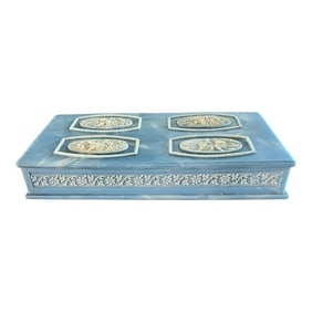 1960s Vintage Blue Marbled Incolay Large Stone Jewelry Box With Raised Relief Cameos of Lovers Court