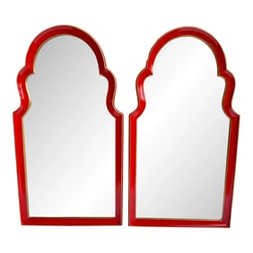 Chic Vintage Mid-Century Arched Top Wall Mirrors in Red With Gilt Accent Newly Painted - A Pair