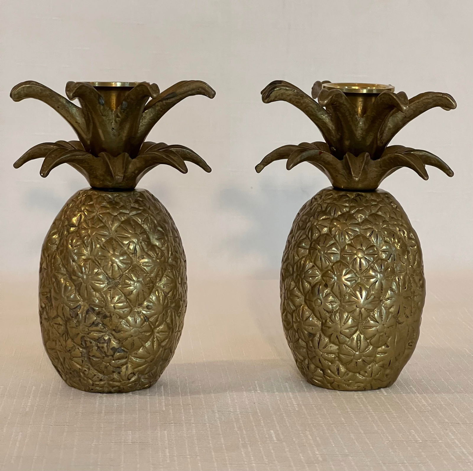 Vintage Pair Hollywood Regency Brass Pineapple Candlestick Holders With Floral Etching - 10