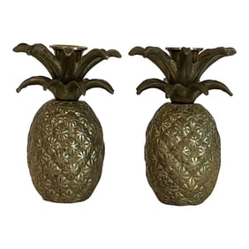Vintage Pair Hollywood Regency Brass Pineapple Candlestick Holders With Floral Etching