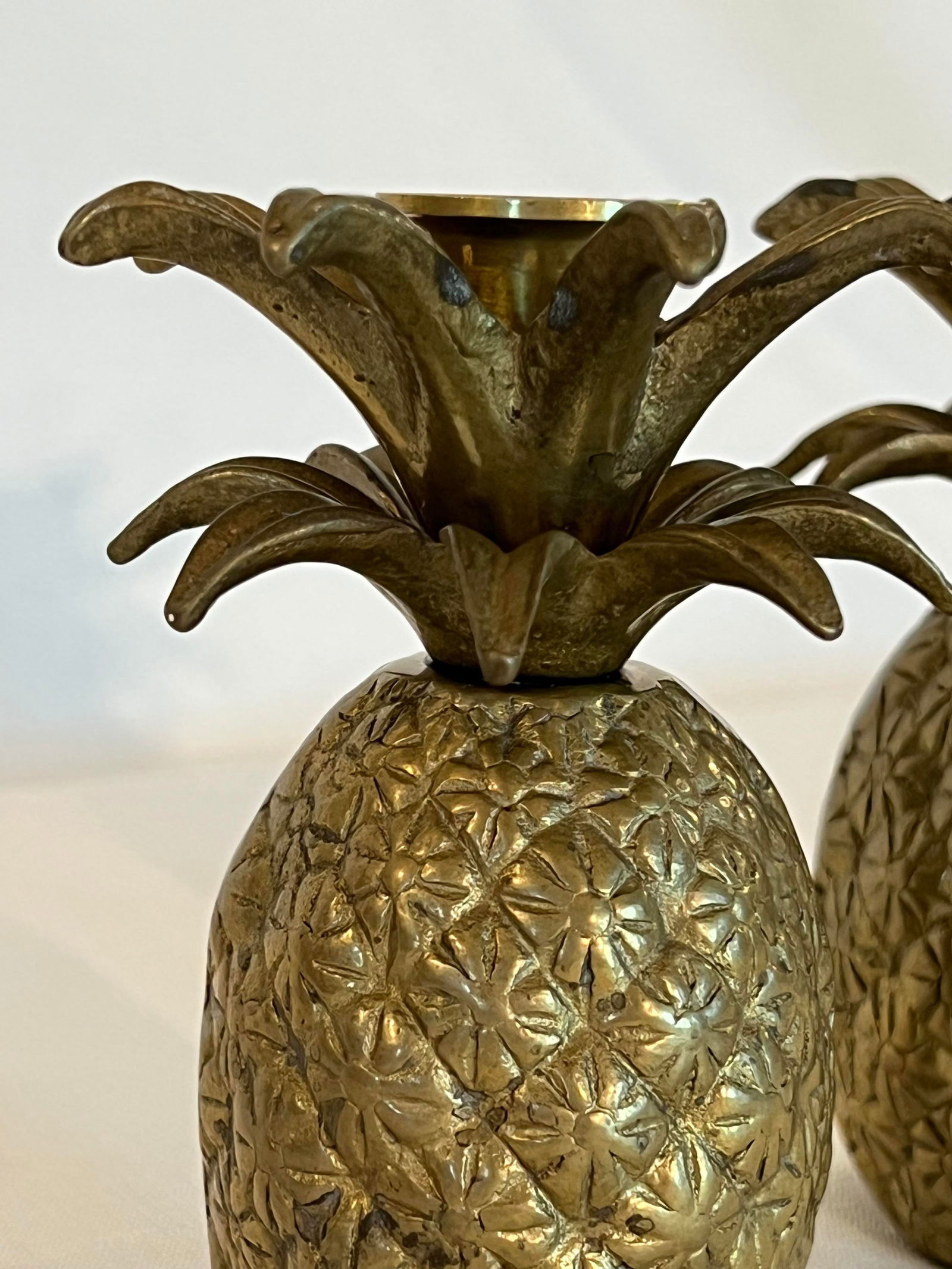 Vintage Pair Hollywood Regency Brass Pineapple Candlestick Holders With Floral Etching - 2
