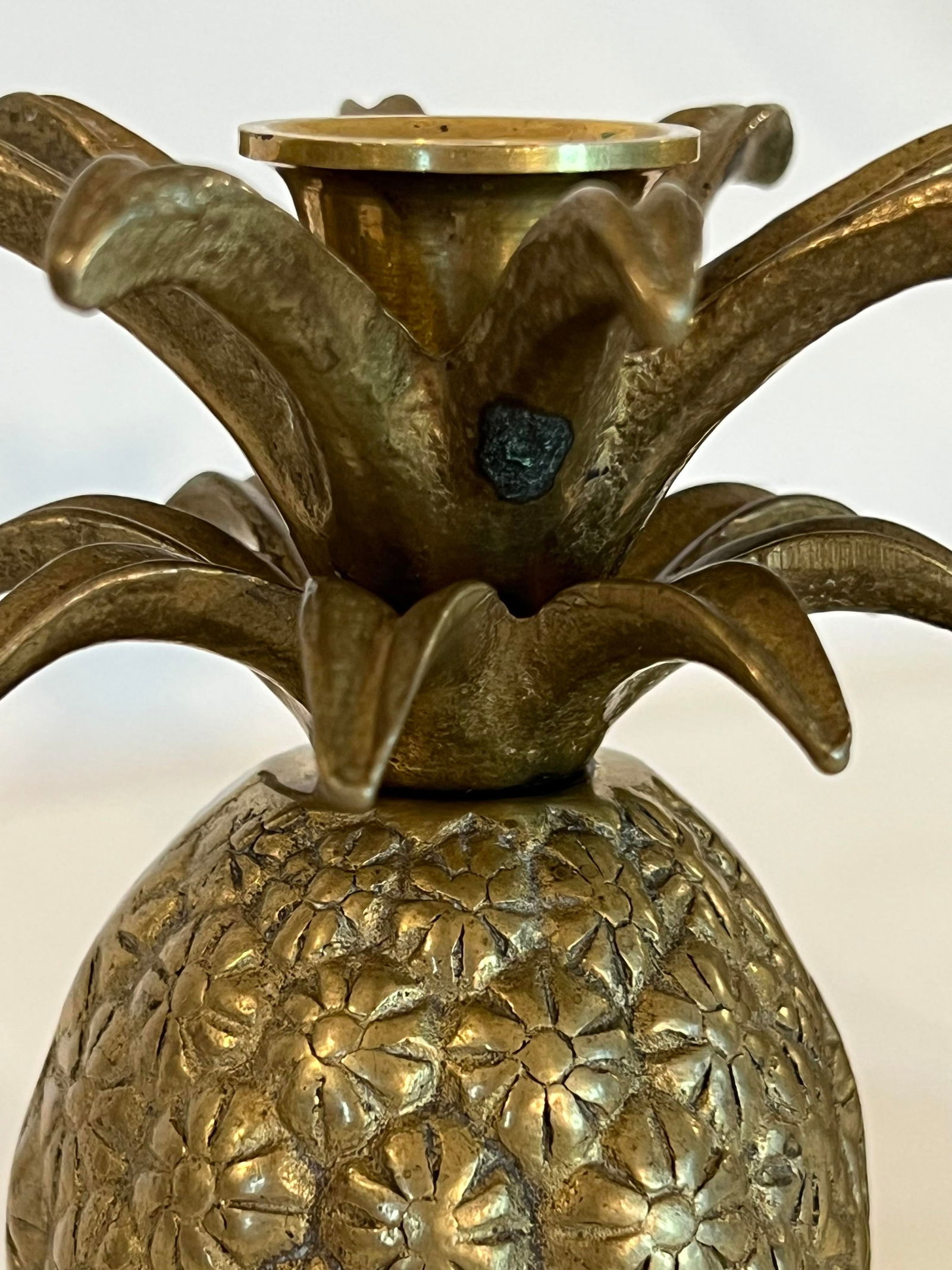 Vintage Pair Hollywood Regency Brass Pineapple Candlestick Holders With Floral Etching - 3
