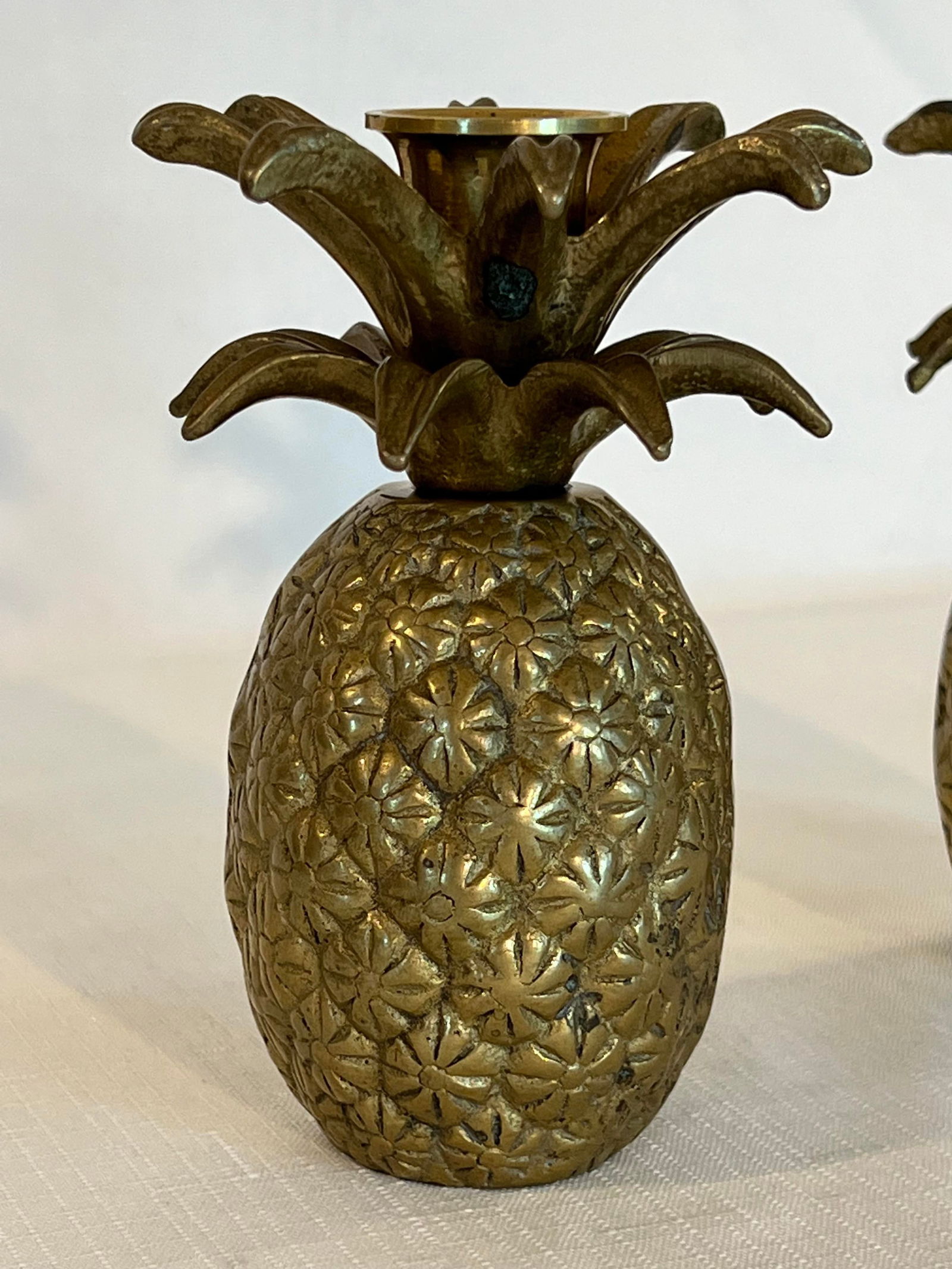 Vintage Pair Hollywood Regency Brass Pineapple Candlestick Holders With Floral Etching - 5