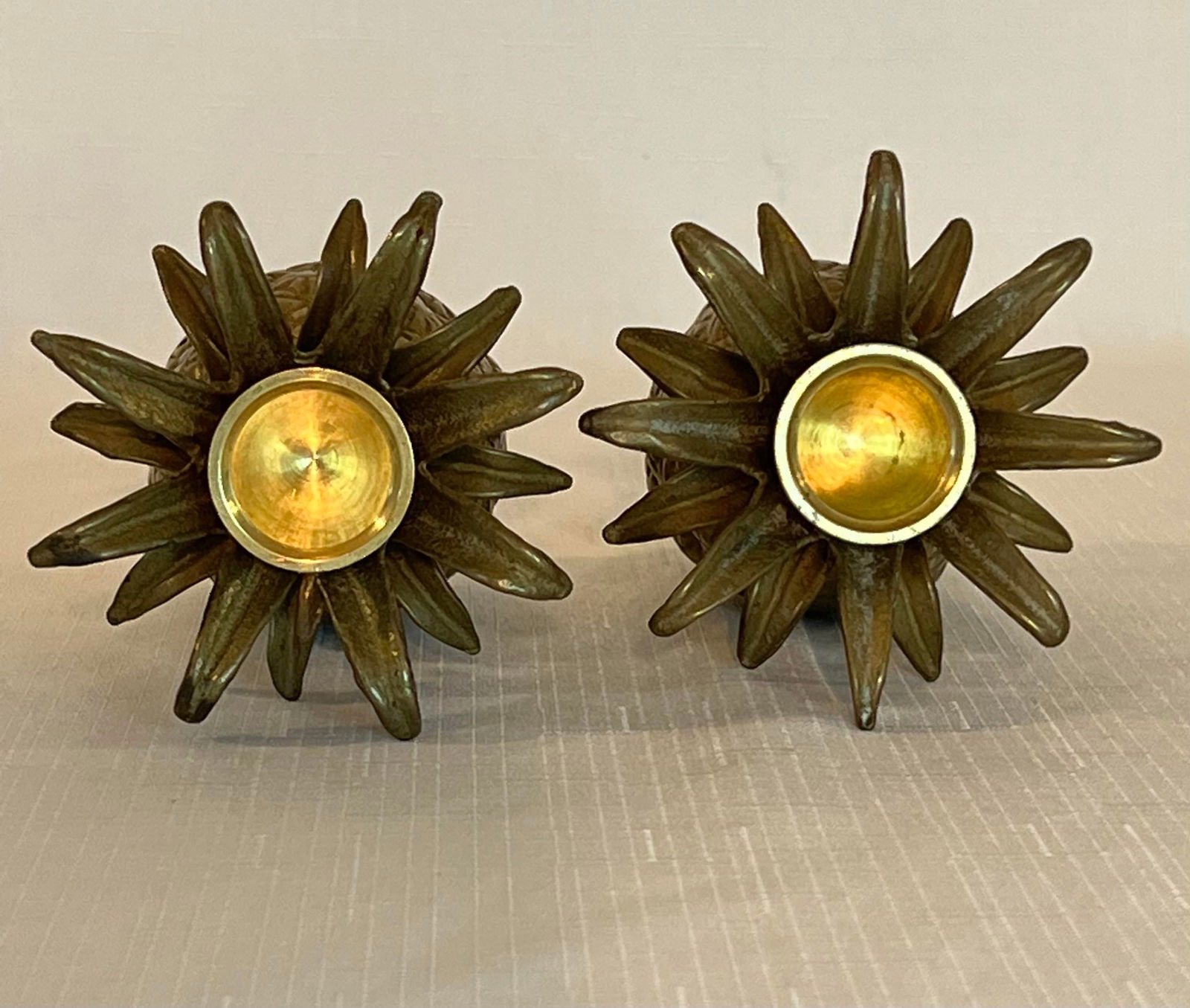 Vintage Pair Hollywood Regency Brass Pineapple Candlestick Holders With Floral Etching - 6