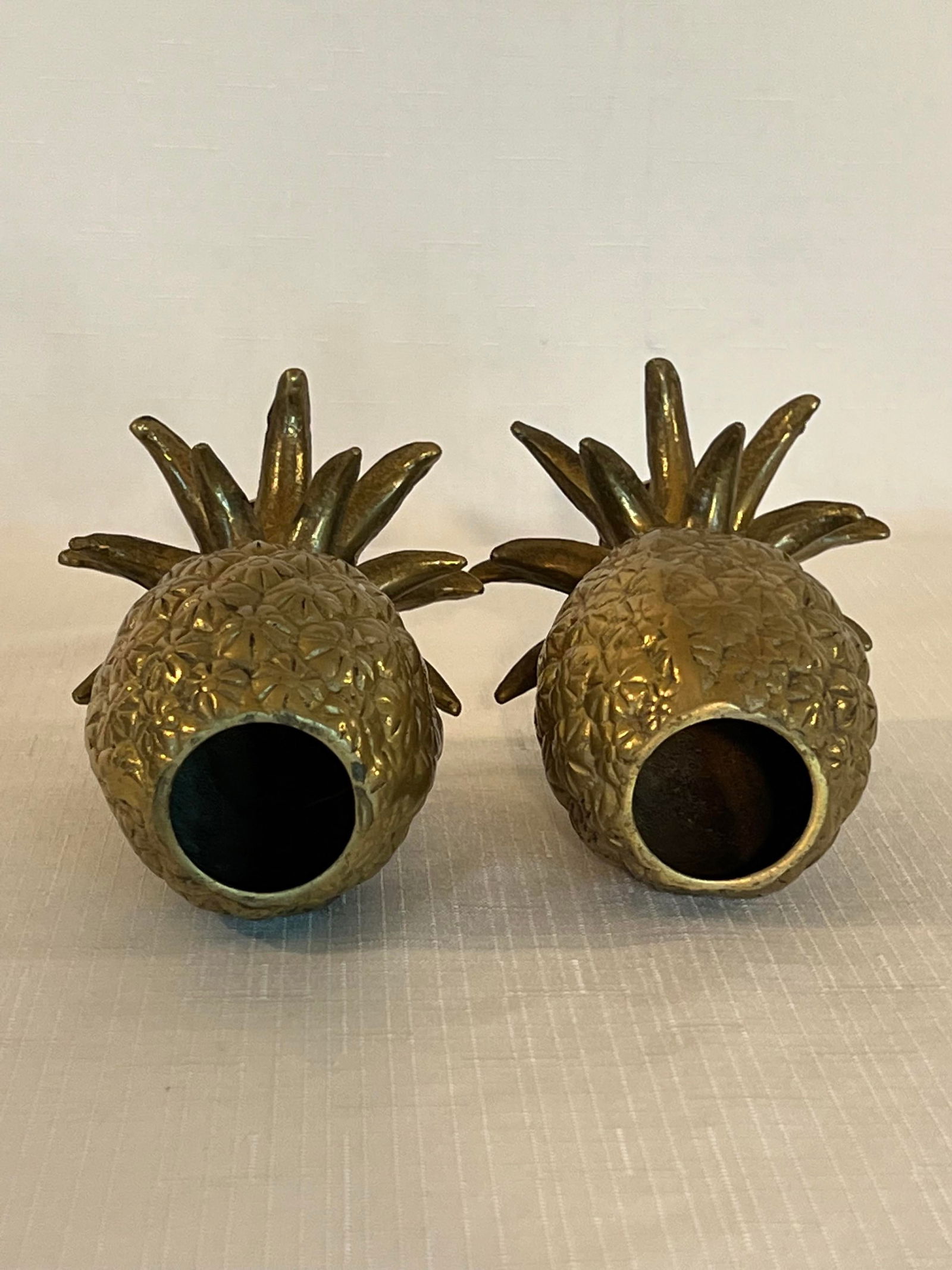 Vintage Pair Hollywood Regency Brass Pineapple Candlestick Holders With Floral Etching - 8