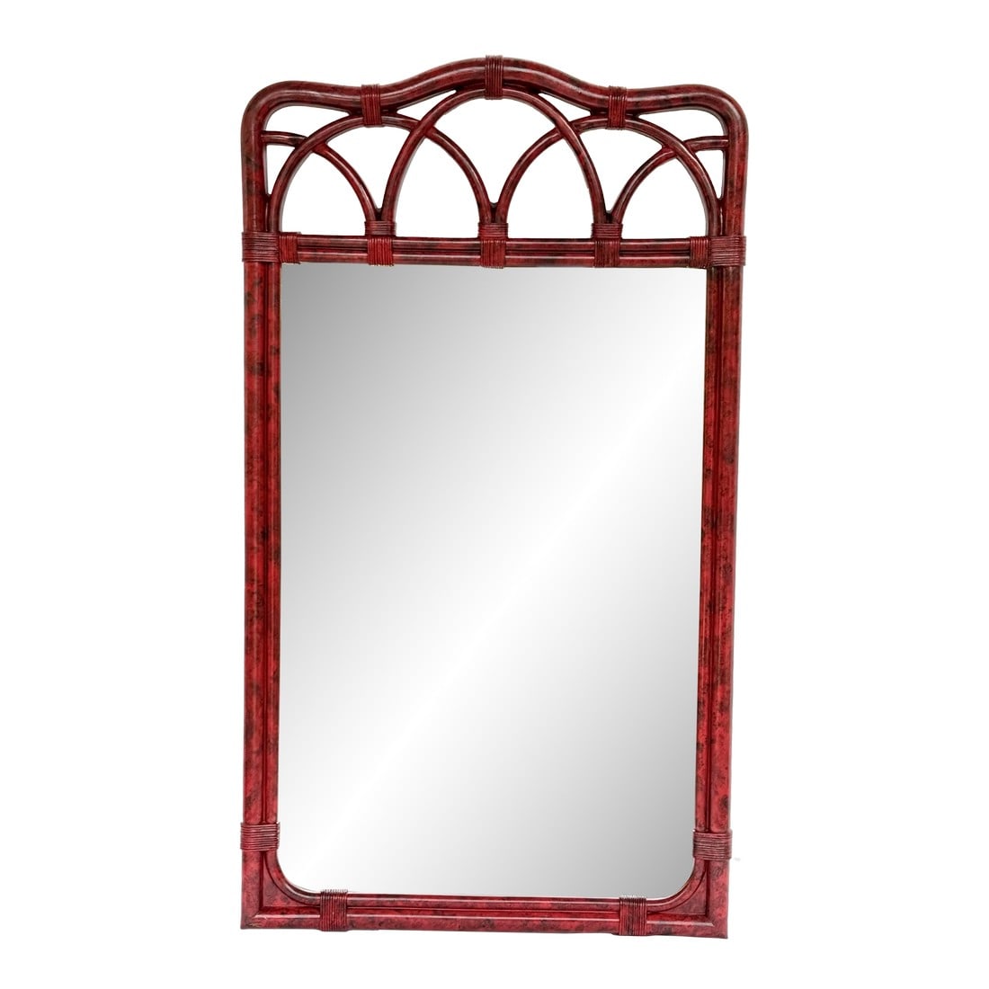 Vintage Palm Beach Regency Vermillion Red Faux Tortoiseshell Bamboo Rattan Arched Wall Mirror - Newl (1 of 11)