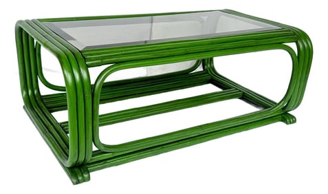 Vintage Mid-Century Paul Frankl Style Green Rattan Coffee Table With Smoked Glass Top - Newly Painte