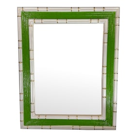 Vintage Palm Beach Regency Coastal Faux Bamboo Wall Mirror - Green and White With Gold Accents - New