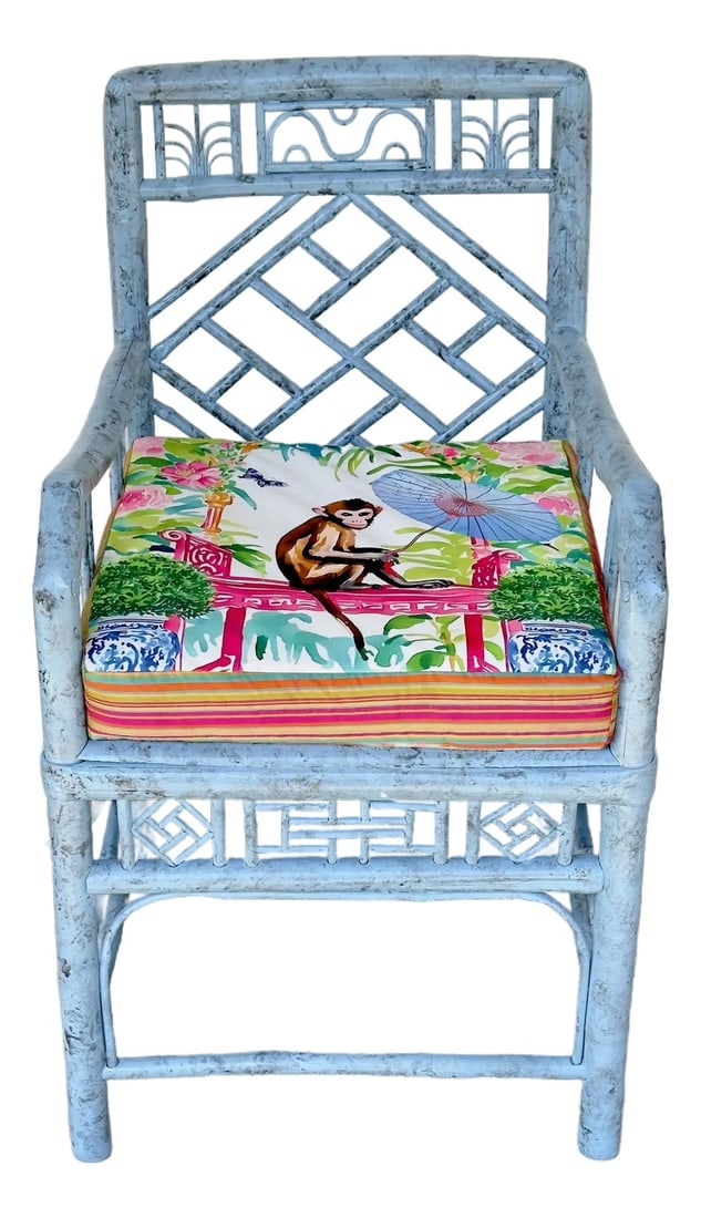 Elegant Vintage Chinoiserie Chippendale Faux Bamboo Chair With Tortoise Finish – Newly Painted: Step into timeless elegance with this vintage Chinoiserie Chippendale faux bamboo chair, Re-imagined in our Turtle and Crane Atelier in a beautiful blue tortoise finish. Its intricate fretwork and fau