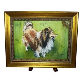 Vintage 1994 Signed Vintage Shetland Sheepdog (Sheltie) Folk Art Petite Painting in Gilt Wood Frame