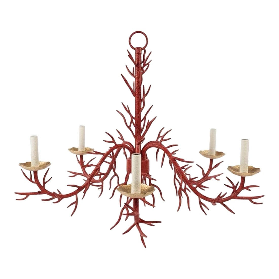 Chic Vintage Late 20th Century Bespoke Turtle and Crane Palm Beach Regency Hand-Glazed Red Faux Cora: This bespoke Turtle and Crane masterpiece is a vibrant, sculptural tribute to the high-glamour spirit of Palm Beach Regency design. Unlike factory-sprayed fixtures, this 5-light chandelier features