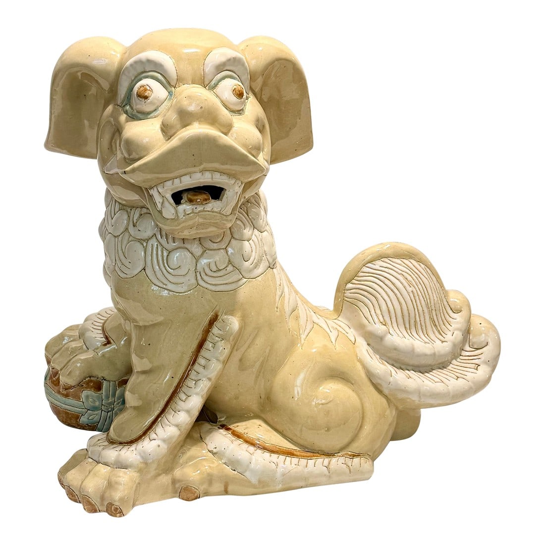Monumental Circa 1980s Cream & White Ceramic Foo Dog Statue (18" Wide) - Mottahedeh Style: Whimsical, regal, and impressive in scale, this Turtle and Crane find is a monumental Circa 1980s ceramic Foo Dog (Guardian Lion) that perfectly embodies the playful spirit of the Palm Beach Regency