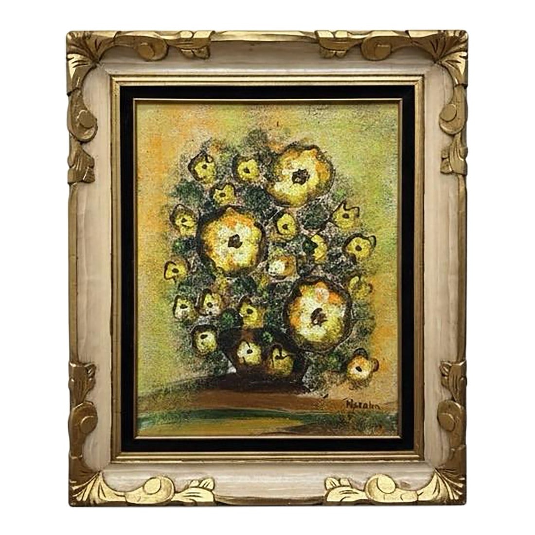 Monumental Mid-Century Impasto Floral Painting in Original Solid Carved Wood Hollywood Regency Frame: The Golden Bloom This is an exceptional piece of decorative architecture, curated for the collector who understands the value of a statement frame. This piece embodies the high-style aesthetic of